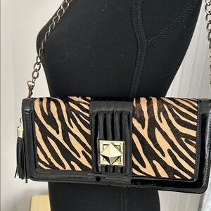 Zebra Print  Calf Hair Clutch with Black Accents and Tassel